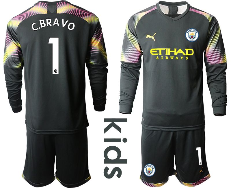 Youth 2019-2020 club Manchester City black goalkeeper Long sleeve #1 Soccer Jerseys